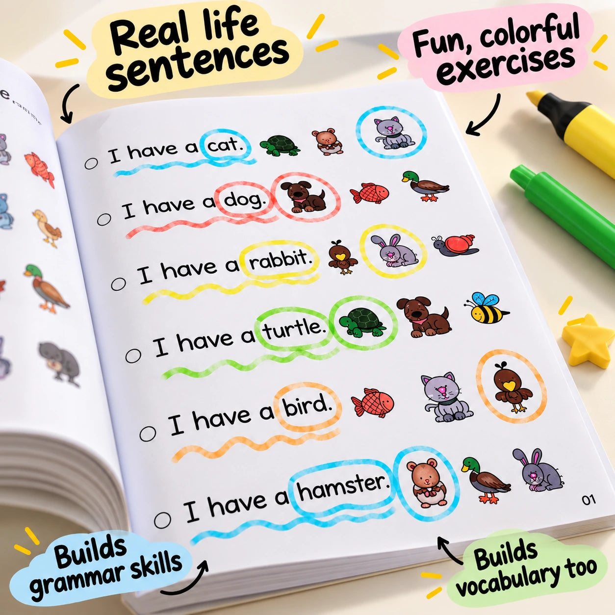 Colorful animal sentence matching exercises