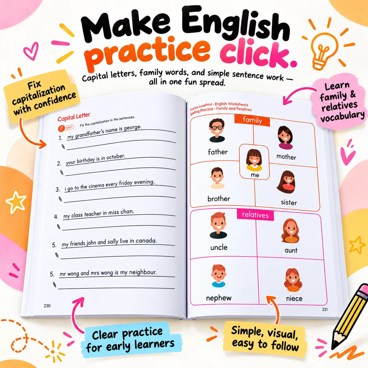 Capital letters and family vocabulary practice